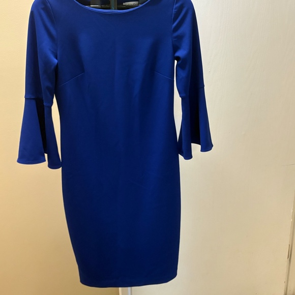 CALVIN KLEIN ROYAL BLUE  PEPLUM SHEATH BELL SLEEVE MIDI DRESS SUMMER TRAVEL SZ 8 - Picture 4 of 6